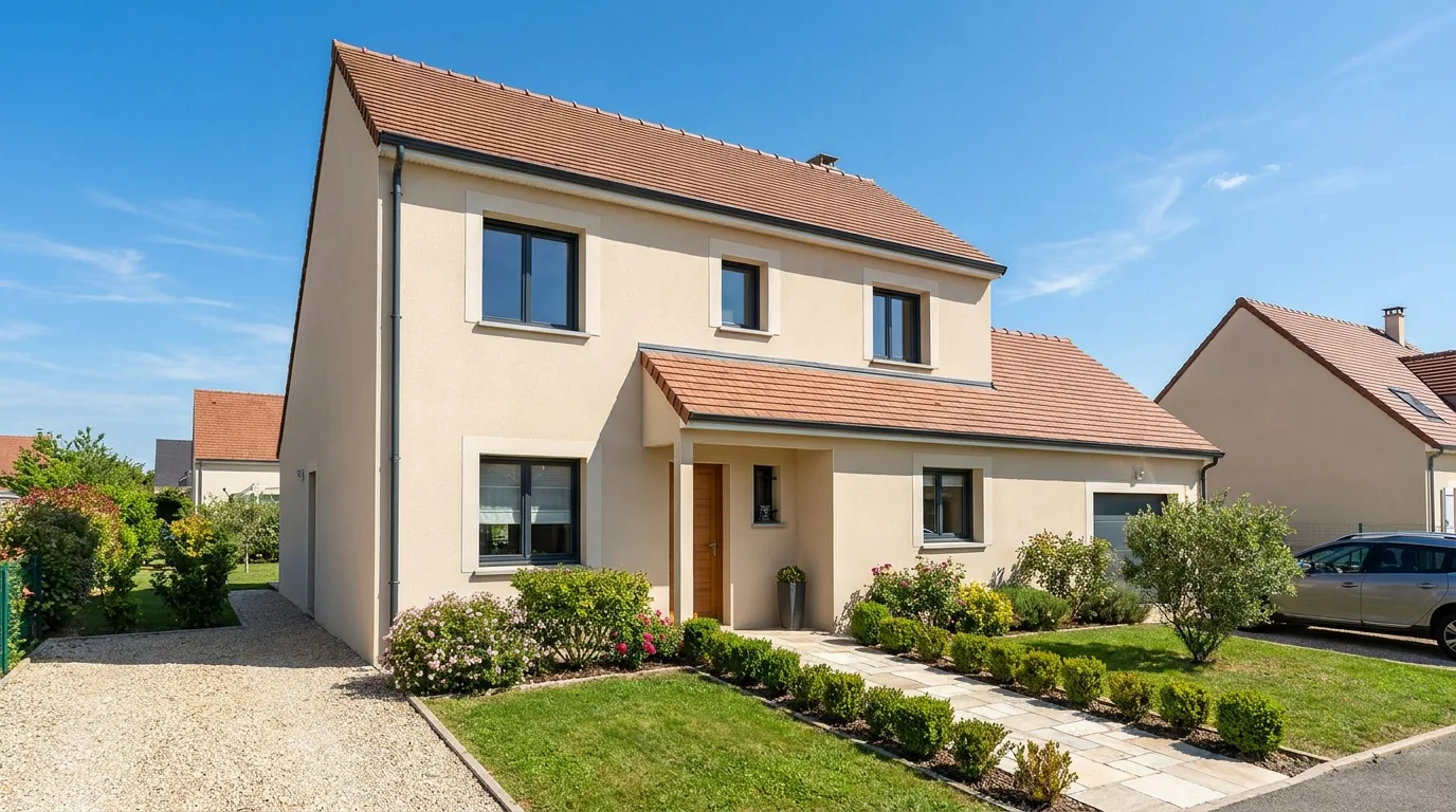 Extérieur d'une maison individuelle française avec un petit jardin